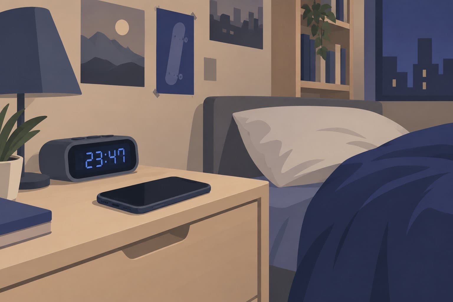 Un téléphone éteint sur une table de nuit, réveil affichant une heure tardive.