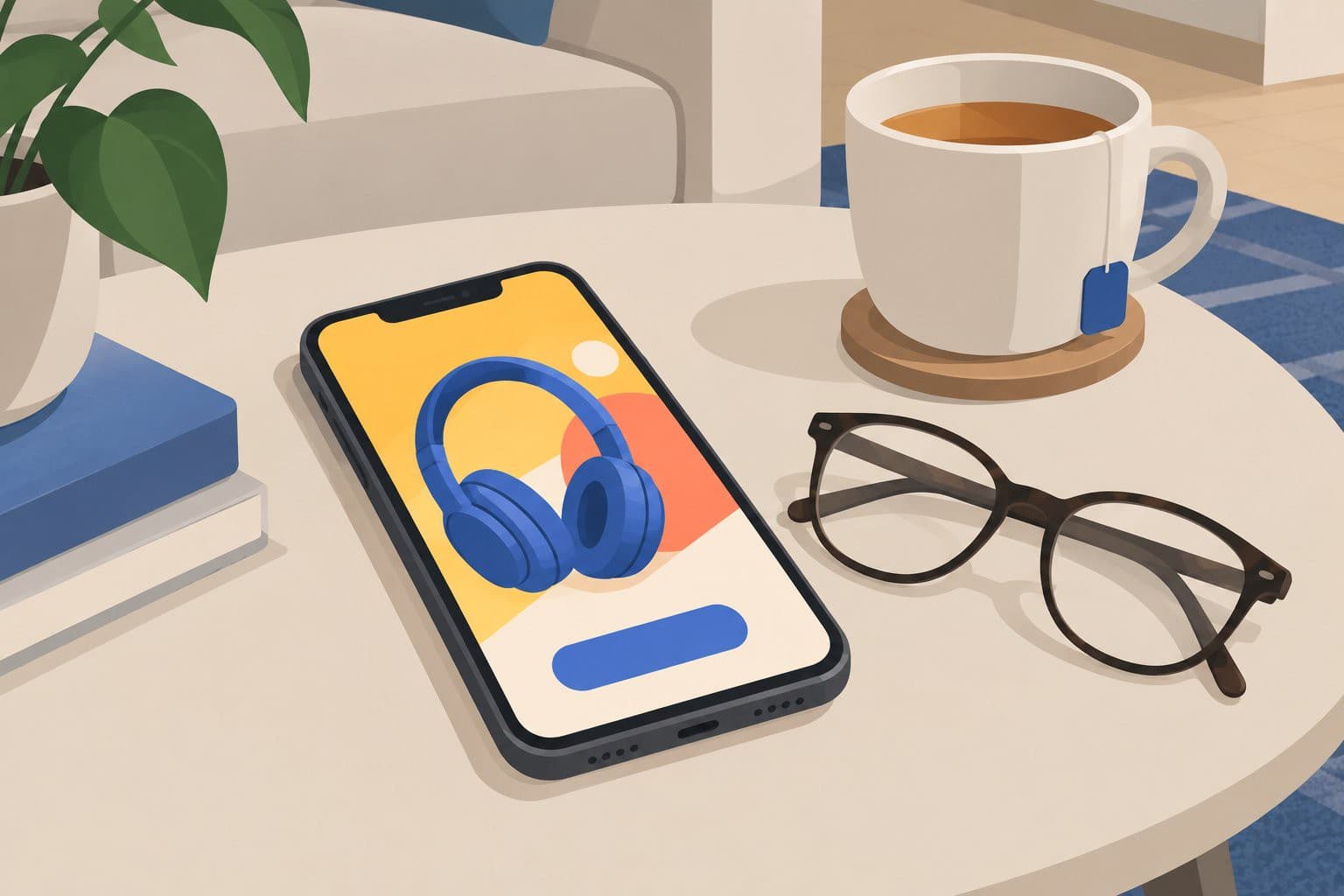 Smartphone avec publicité colorée, lunettes de lecture et tasse de thé sur une table.