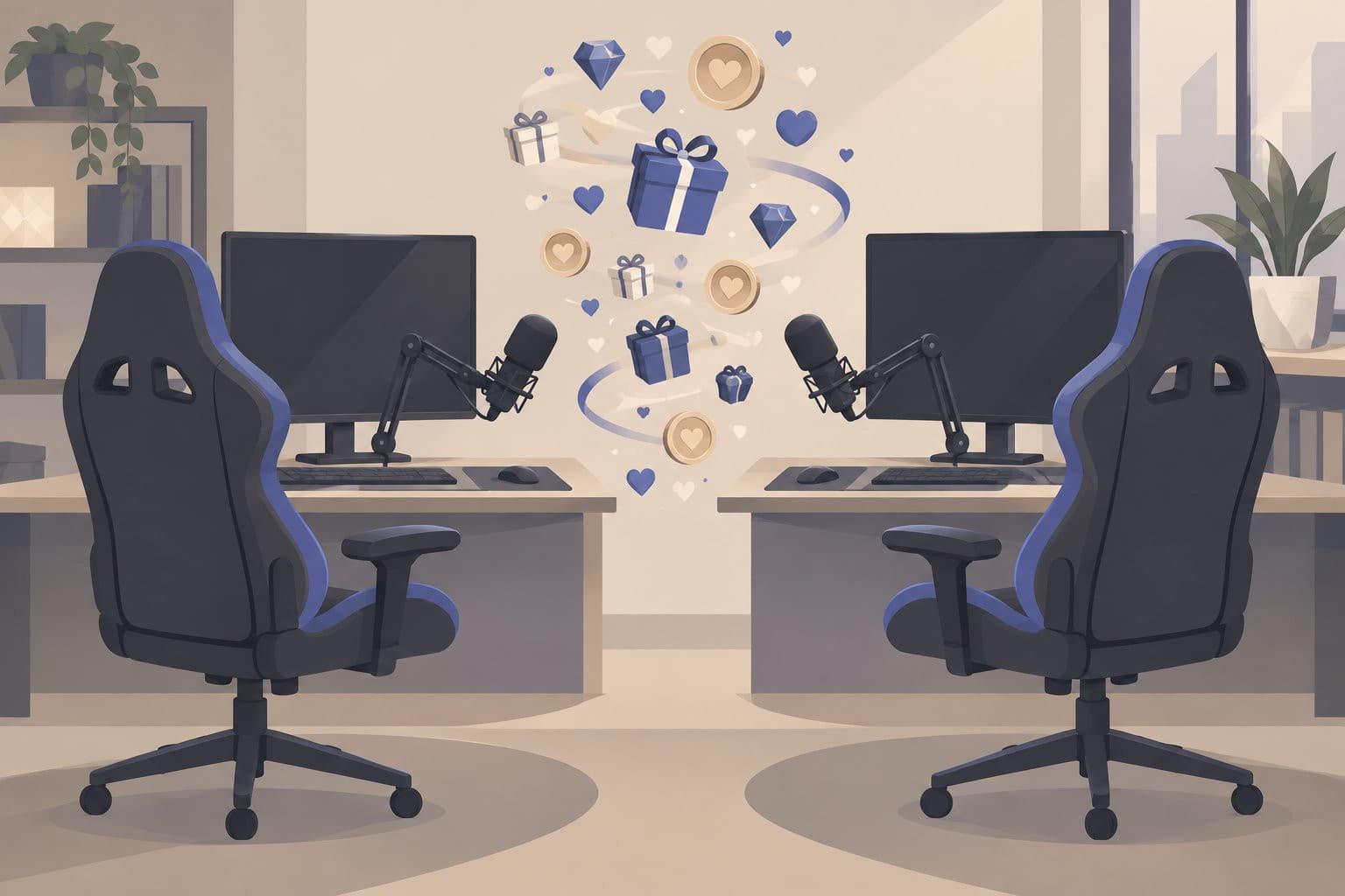 Deux fauteuils de streamer vides face à face avec micros et écrans éteints.