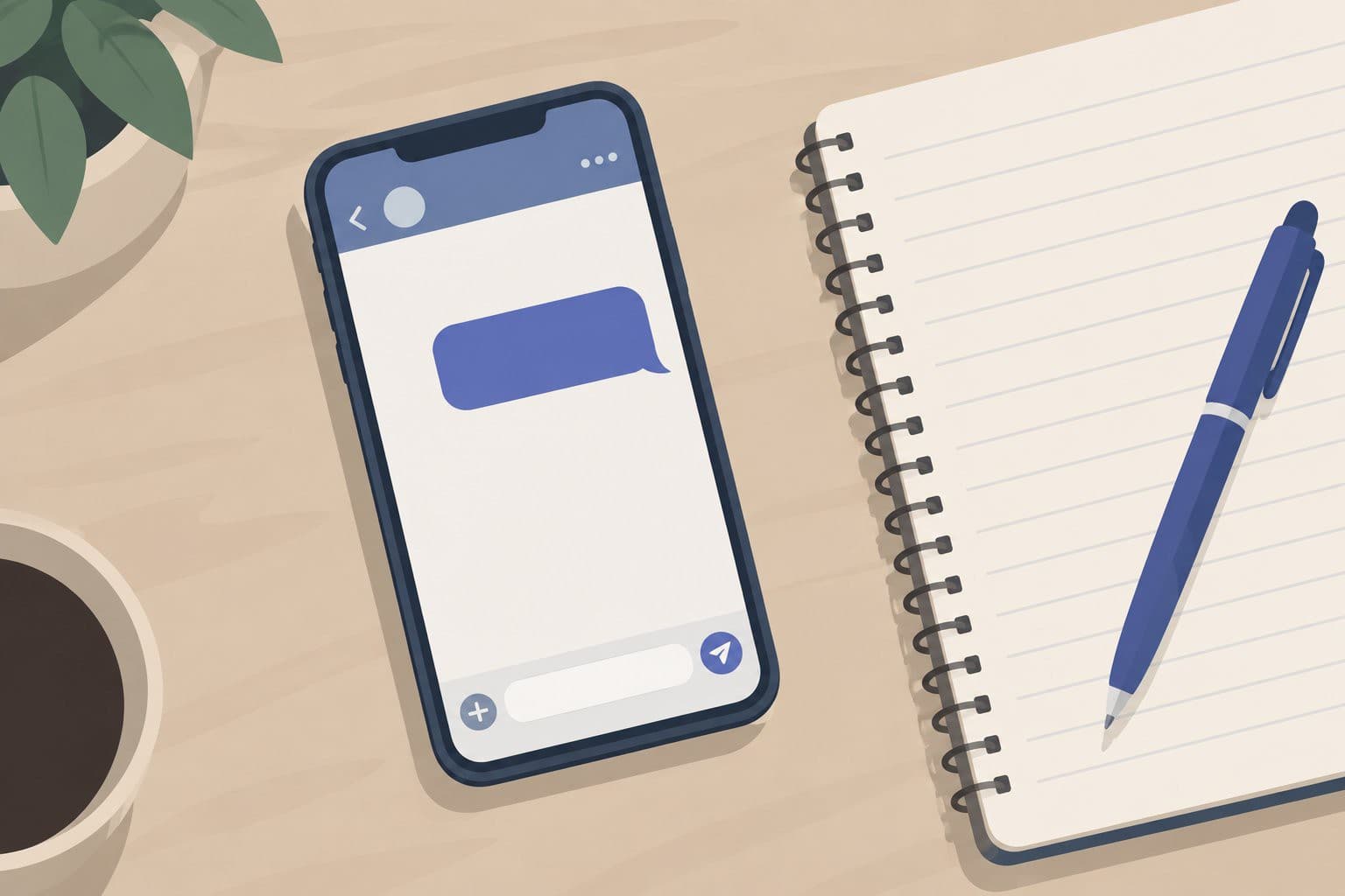 Smartphone à bulle de discussion vide, cahier d'école et stylo, vue de dessus.