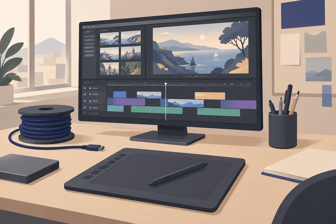 Table de montage vidéo avec tablette graphique et clips colorés sur une frise chronologique.