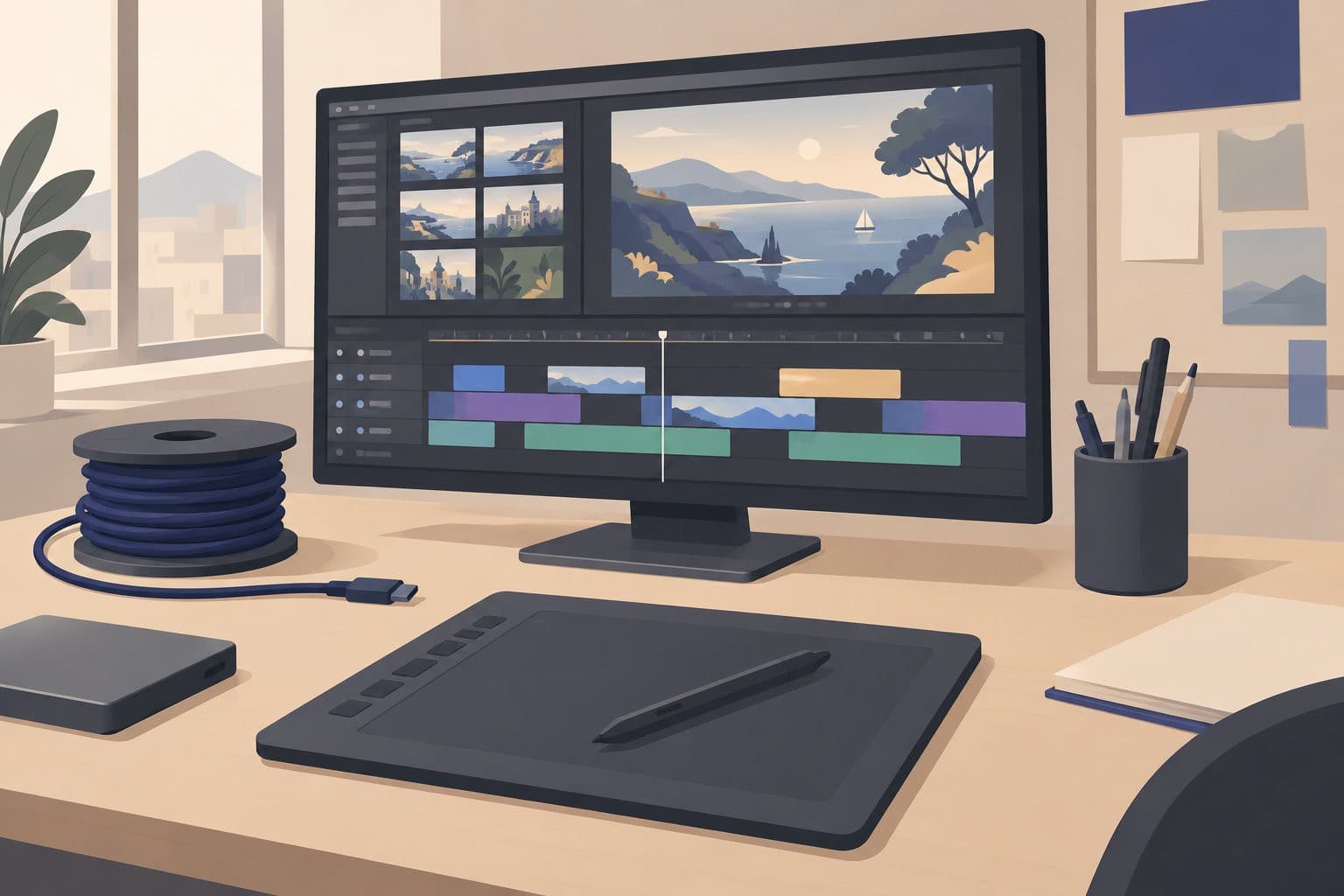 Table de montage vidéo avec tablette graphique et clips colorés sur une frise chronologique.