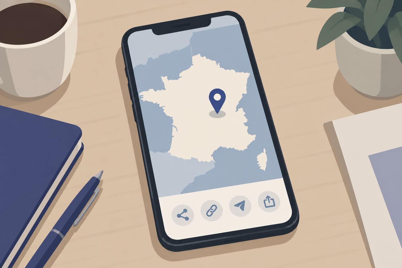 Téléphone sur une table, carte de France stylisée et icônes de partage à l'écran.