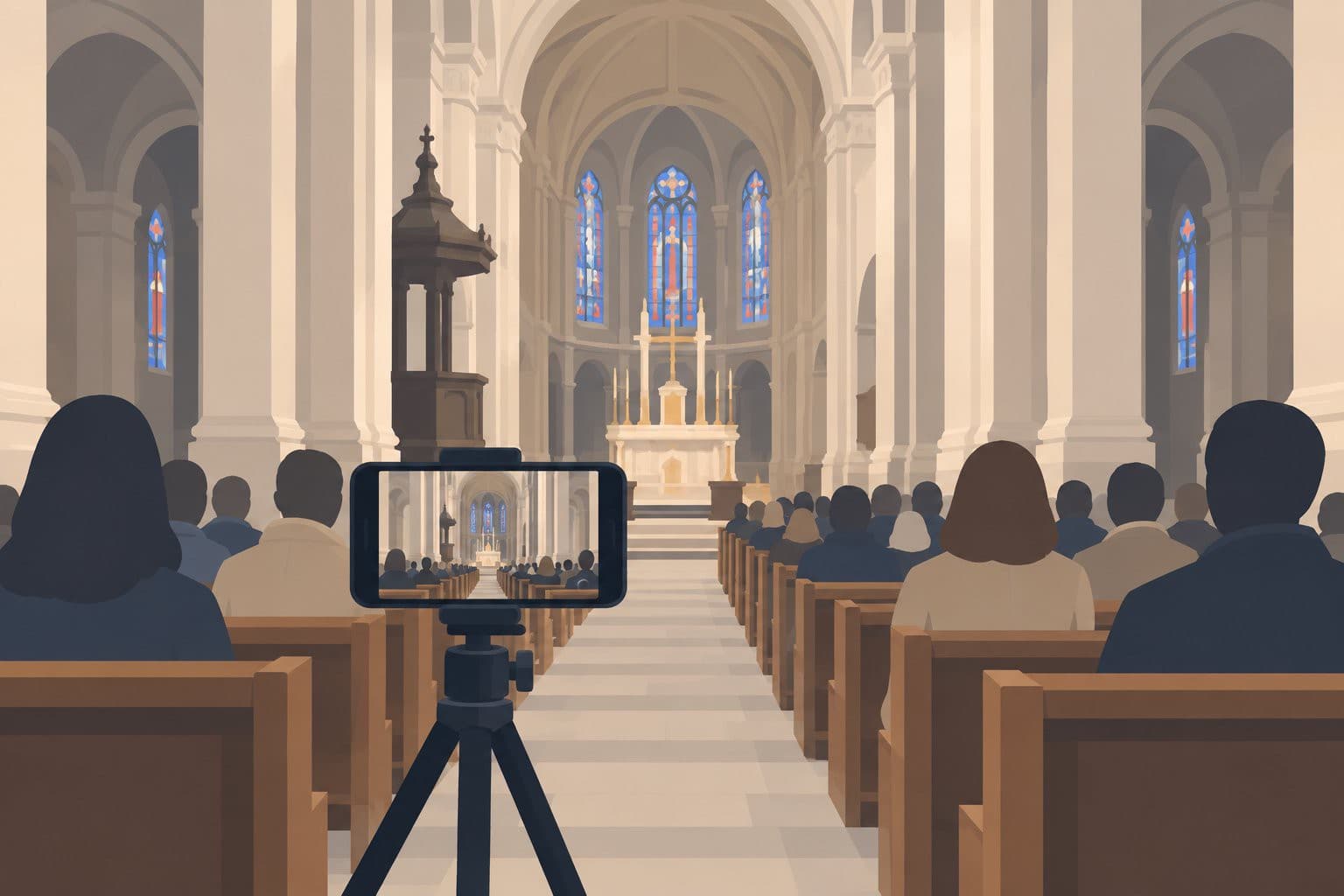 Smartphone sur trépied filmant une nef d'église bondée de silhouettes assises.