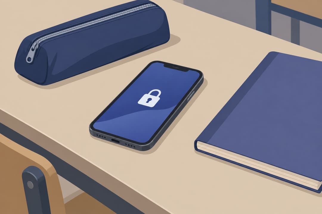 Un smartphone verrouillé par un cadenas, posé sur un bureau d'écolier.