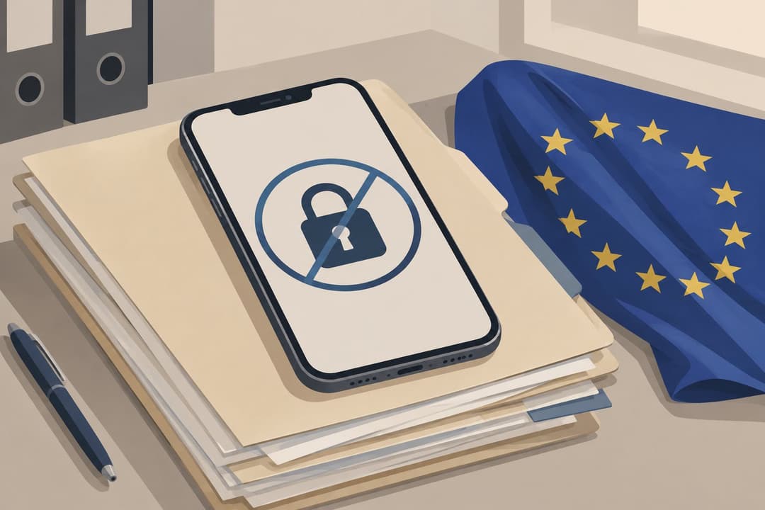 Smartphone à écran verrouillé sur des dossiers, drapeau européen replié à proximité.