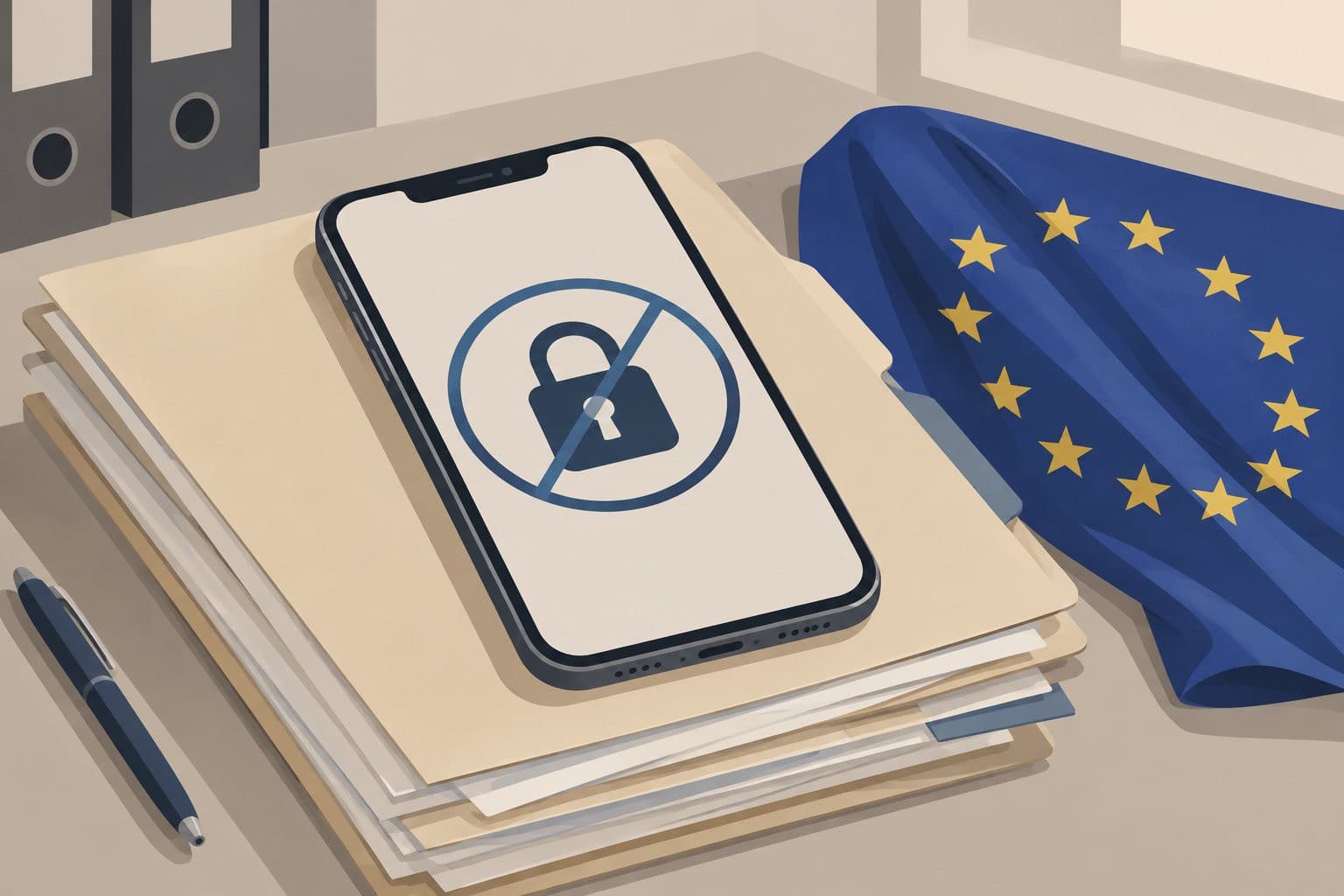 Smartphone à écran verrouillé sur des dossiers, drapeau européen replié à proximité.