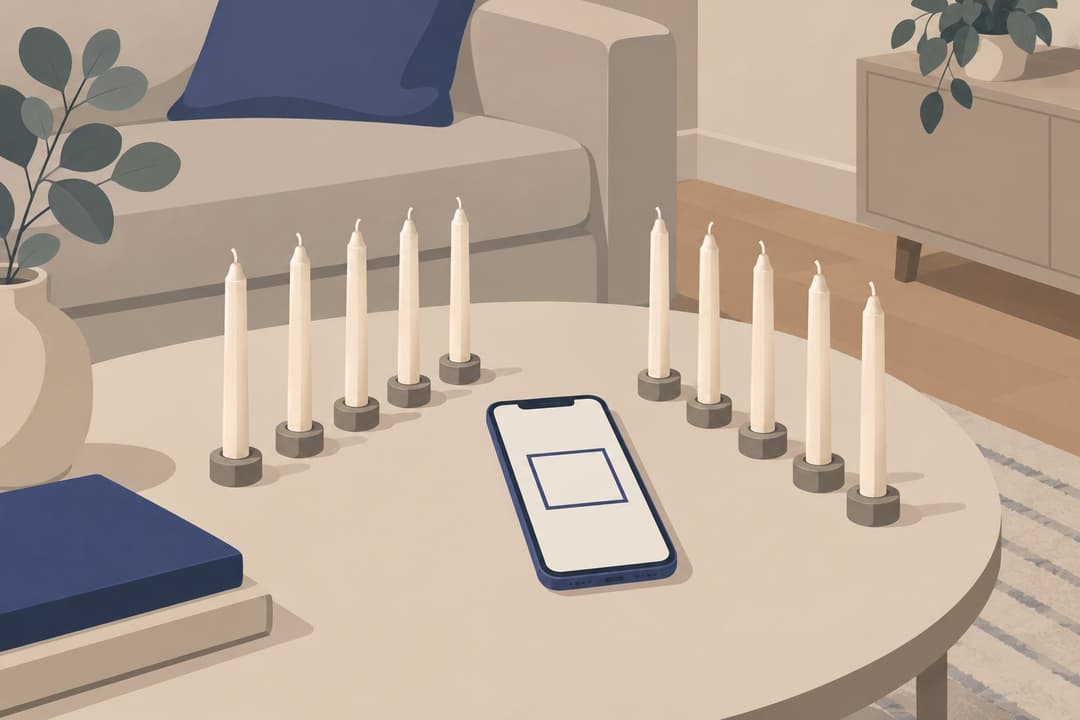 Un smartphone à écran vide entouré de dix petites bougies non allumées.