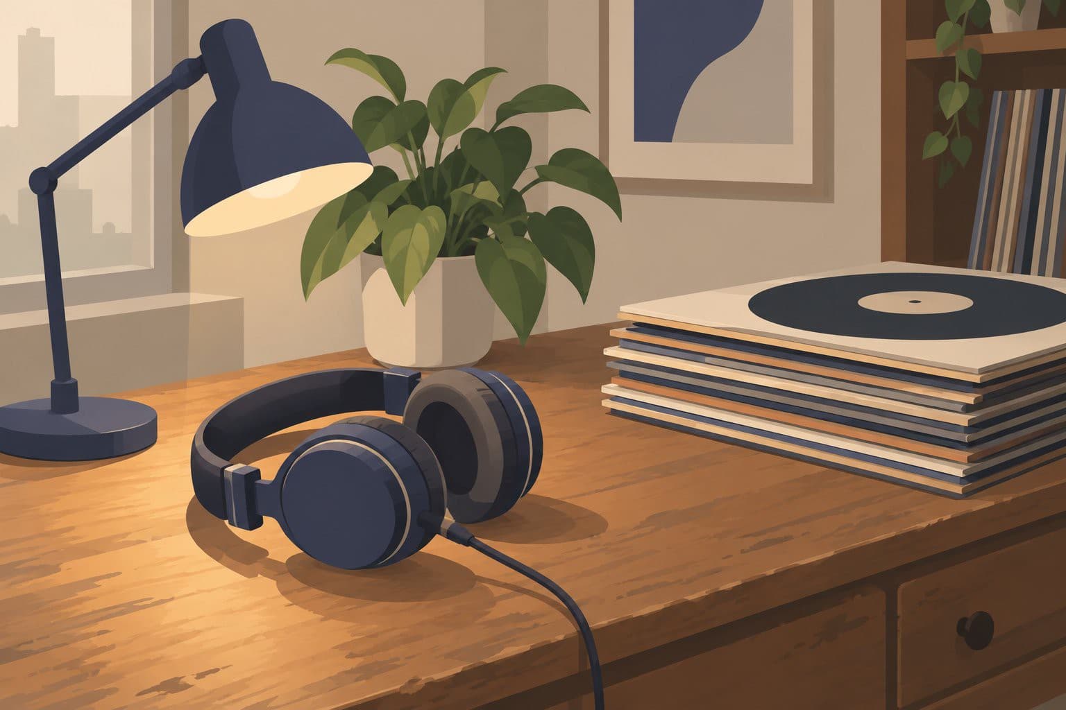 Casque audio sur un bureau en bois, lampe allumée et vinyles.