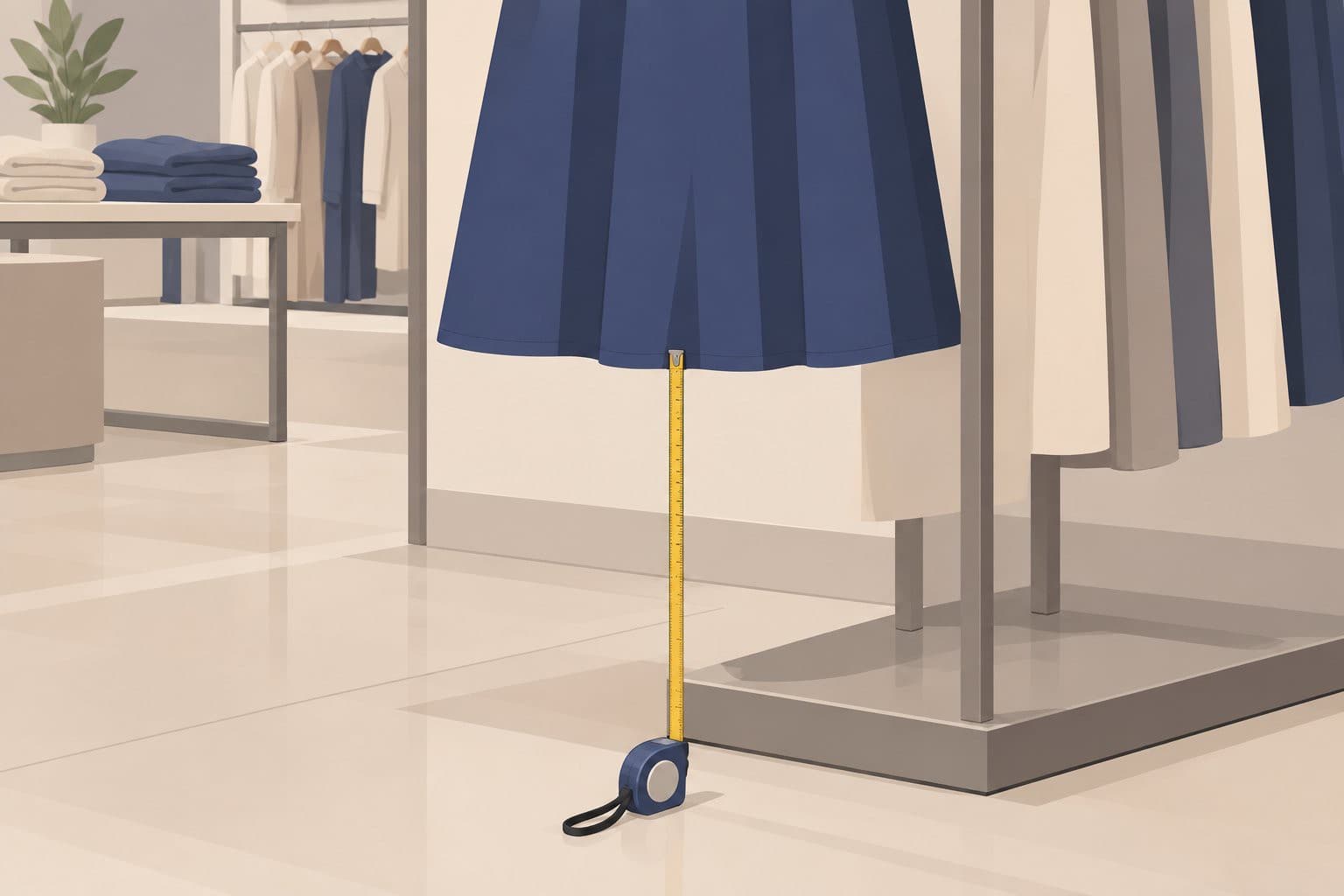 Un mètre ruban mesure la longueur d'une jupe suspendue en magasin.