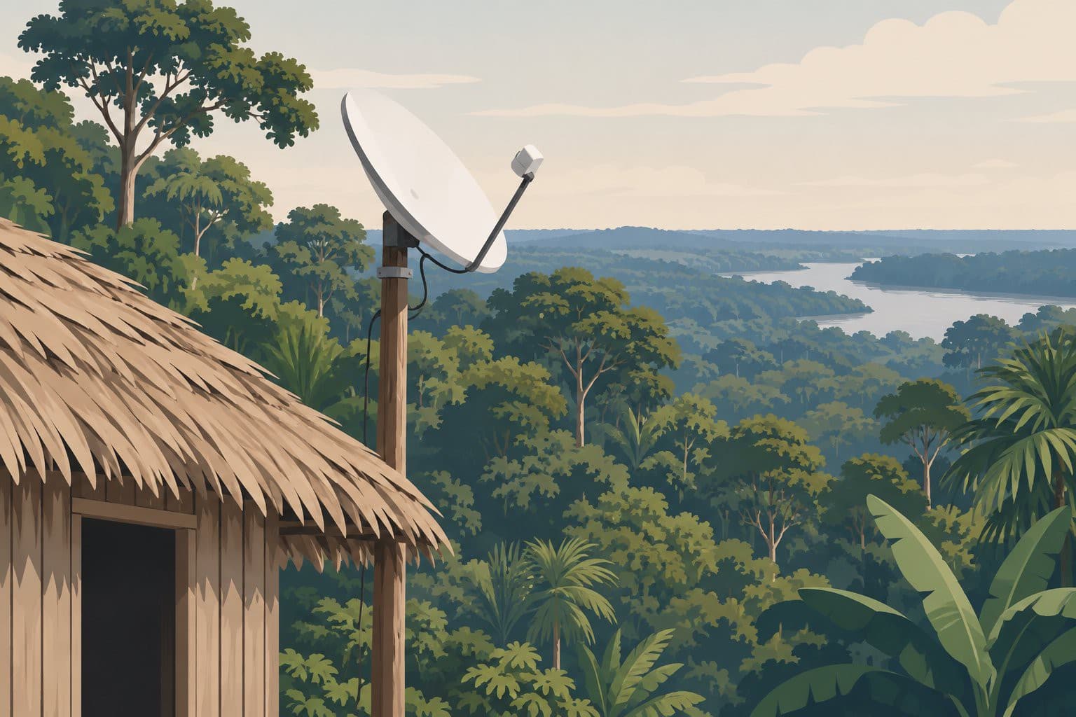 Antenne satellite sur un poteau, hutte de palmes, forêt amazonienne dense.