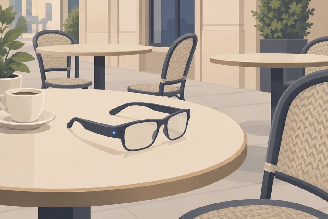 Lunettes connectées sur une table, petit voyant lumineux allumé près de la charnière.