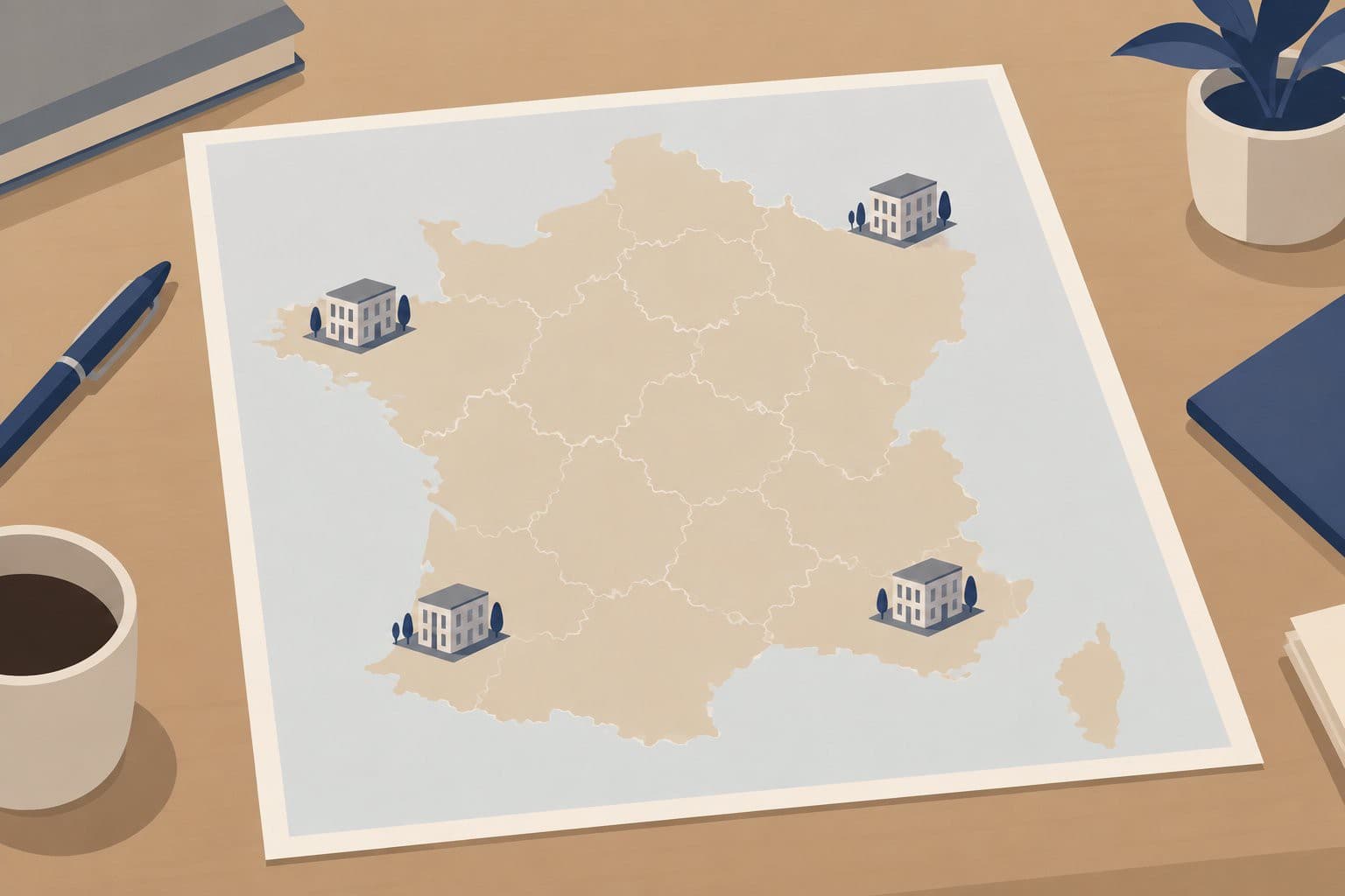 Carte de France avec de nombreux petits pictogrammes de bâtiments identiques dispersés.