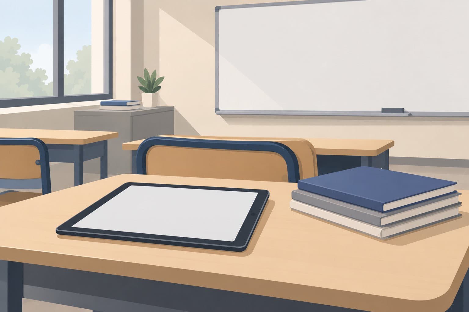 Tablette vierge sur un bureau d'écolier, tableau blanc et cahiers fermés à proximité.