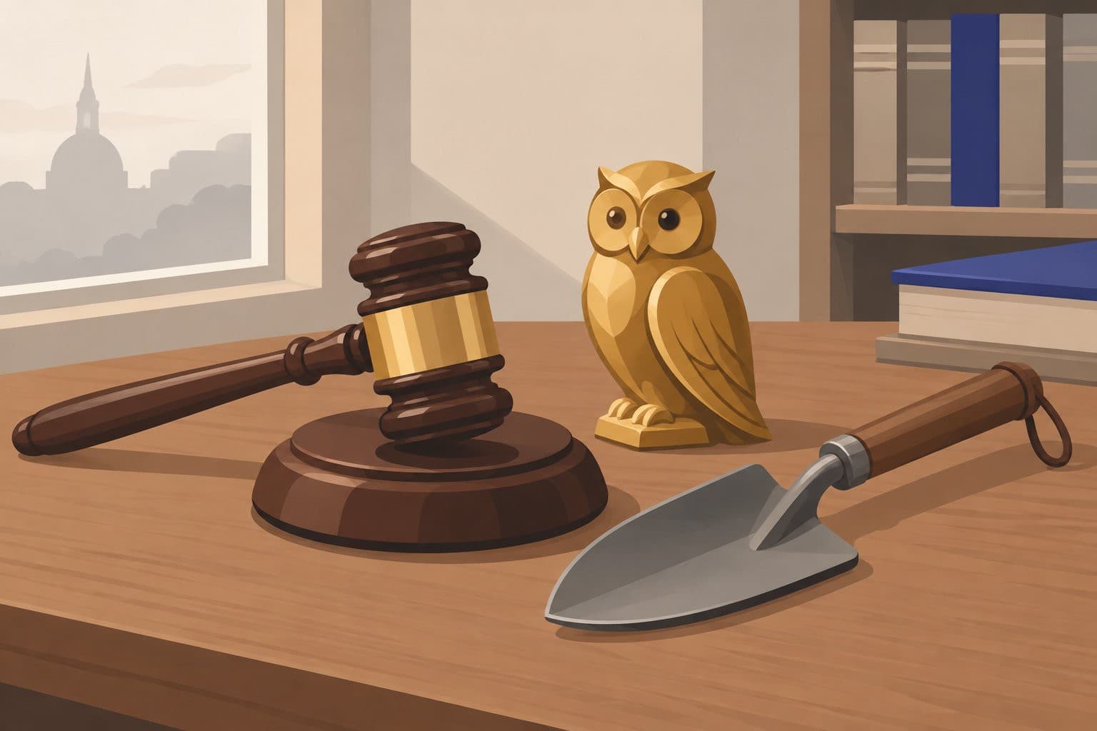 Marteau de justice, statuette de chouette dorée et pelle de fouille.