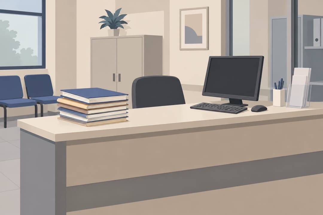 Guichet administratif vide, écran d'ordinateur éteint, dossiers papier sur le comptoir.
