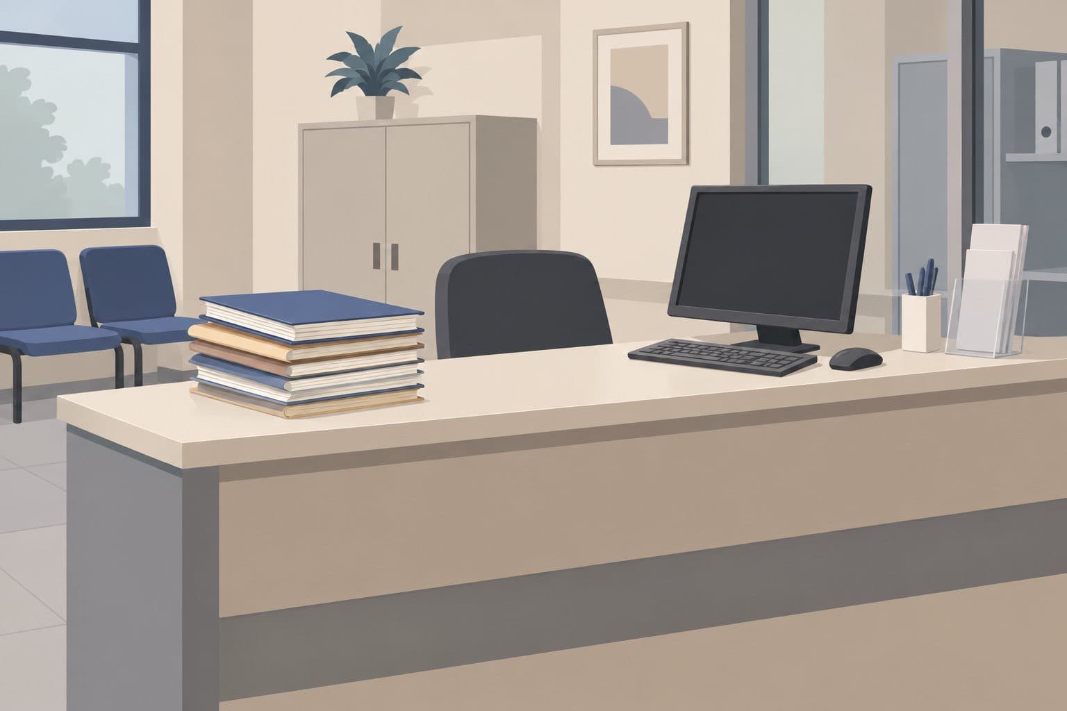 Guichet administratif vide, écran d'ordinateur éteint, dossiers papier sur le comptoir.