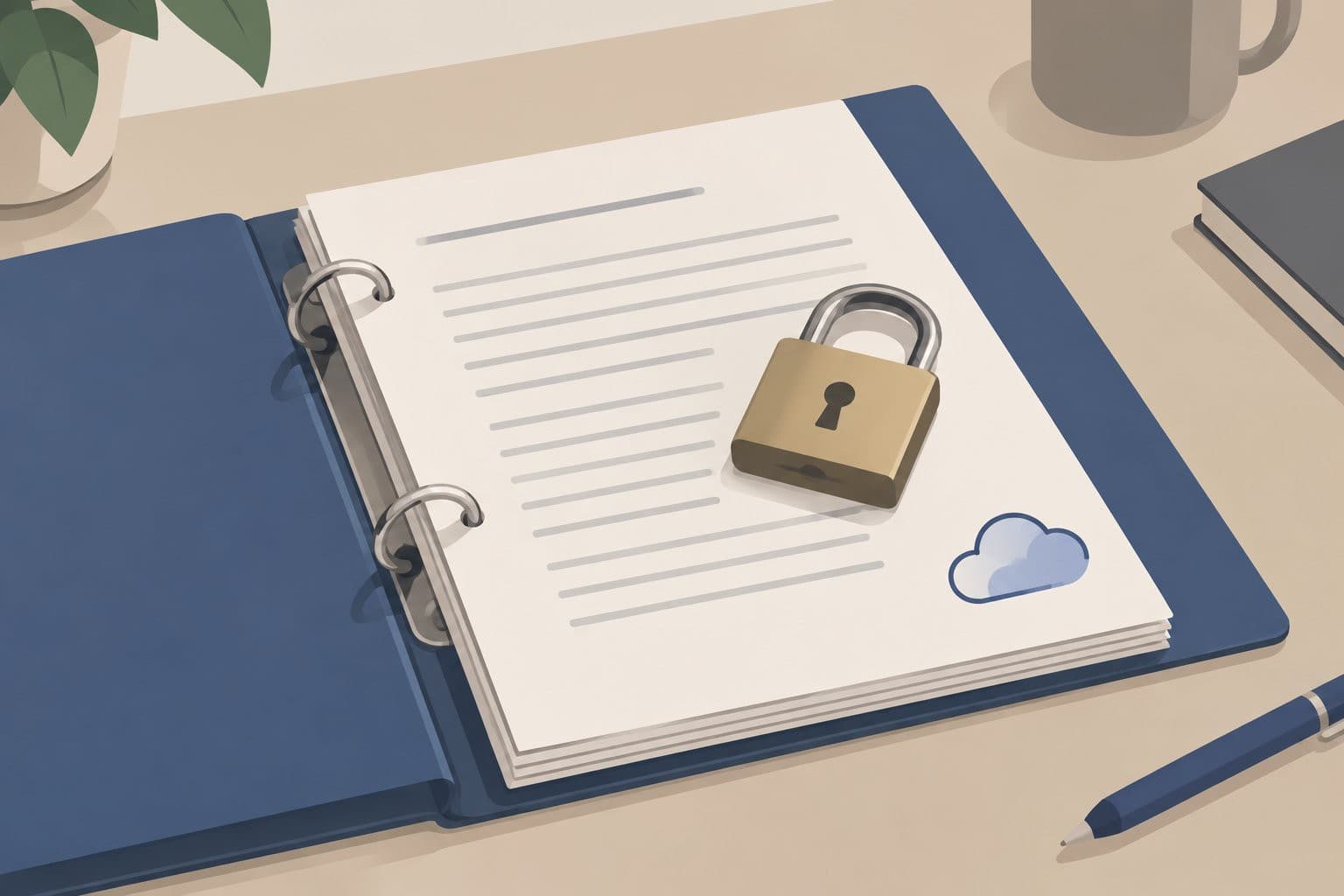 Classeur ouvert, contrat vierge, cadenas posé dessus, symbole de nuage en marge.