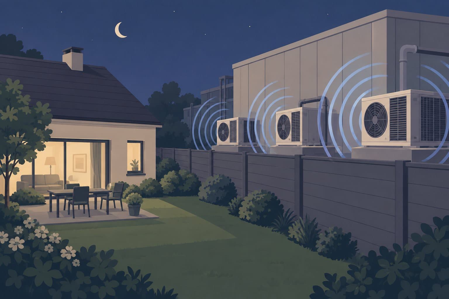 Maison de nuit près d'un datacenter, ondes sonores autour des climatiseurs extérieurs.