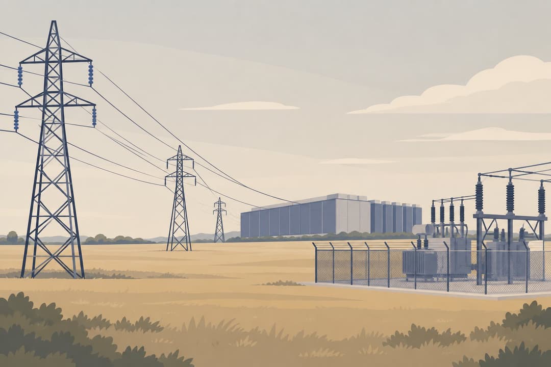 Pylônes électriques reliant un poste de transformation à un vaste bâtiment de datacenter.