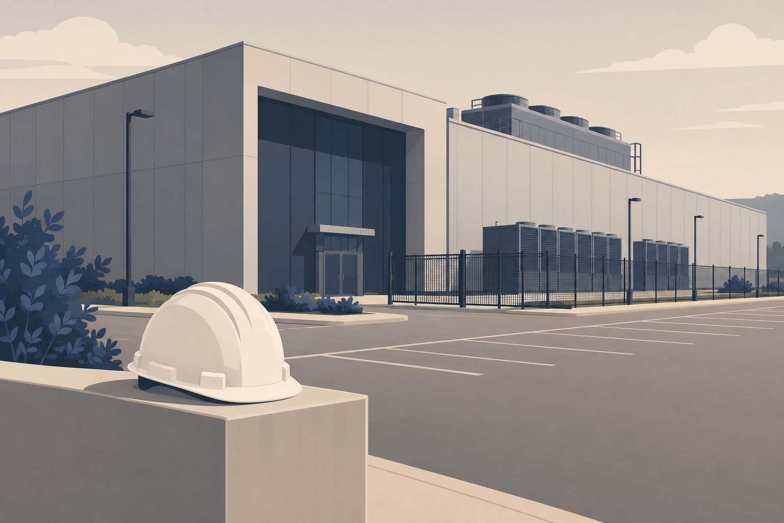 Casque de chantier posé devant un grand hangar de datacenter, parking vide.