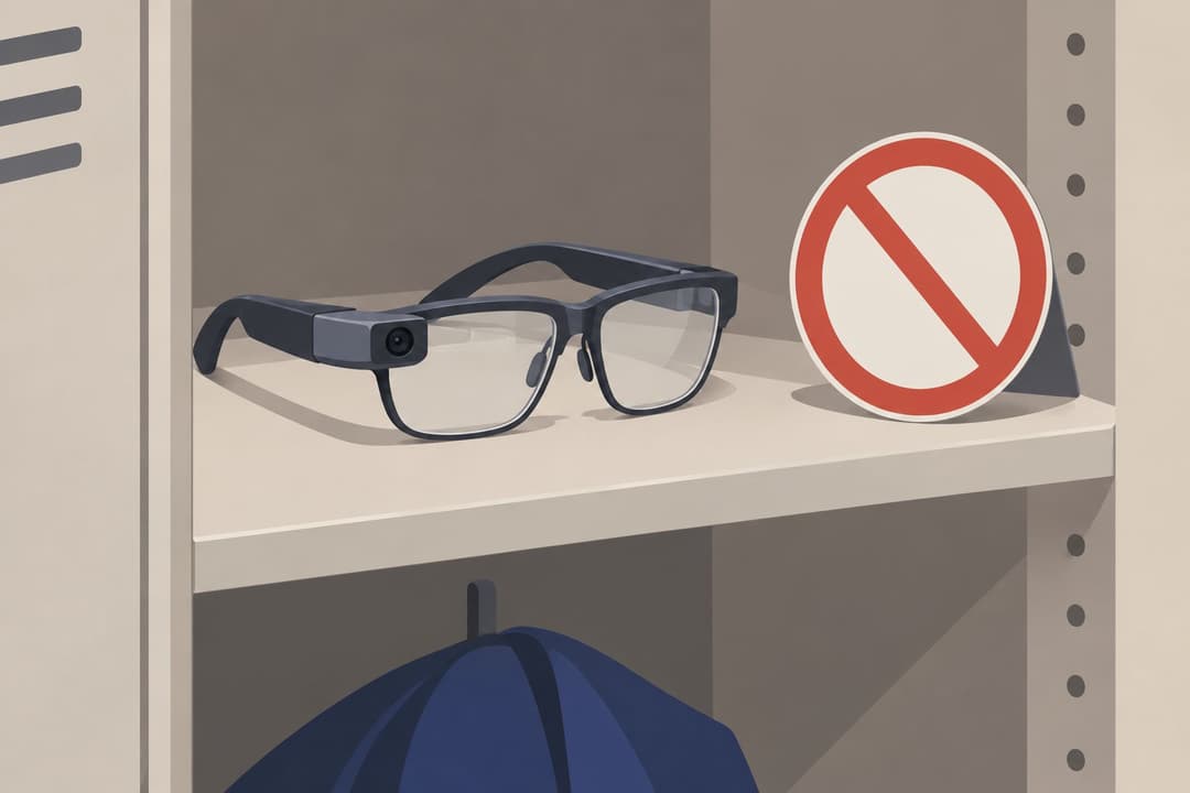 Lunettes connectées sur une étagère, symbole d'interdiction rond à côté.