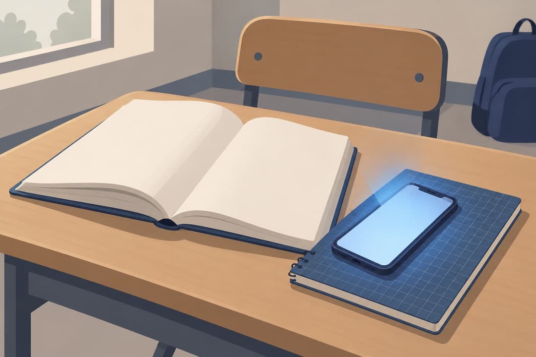 Un smartphone lumineux posé sur un cahier fermé, sur un pupitre scolaire.