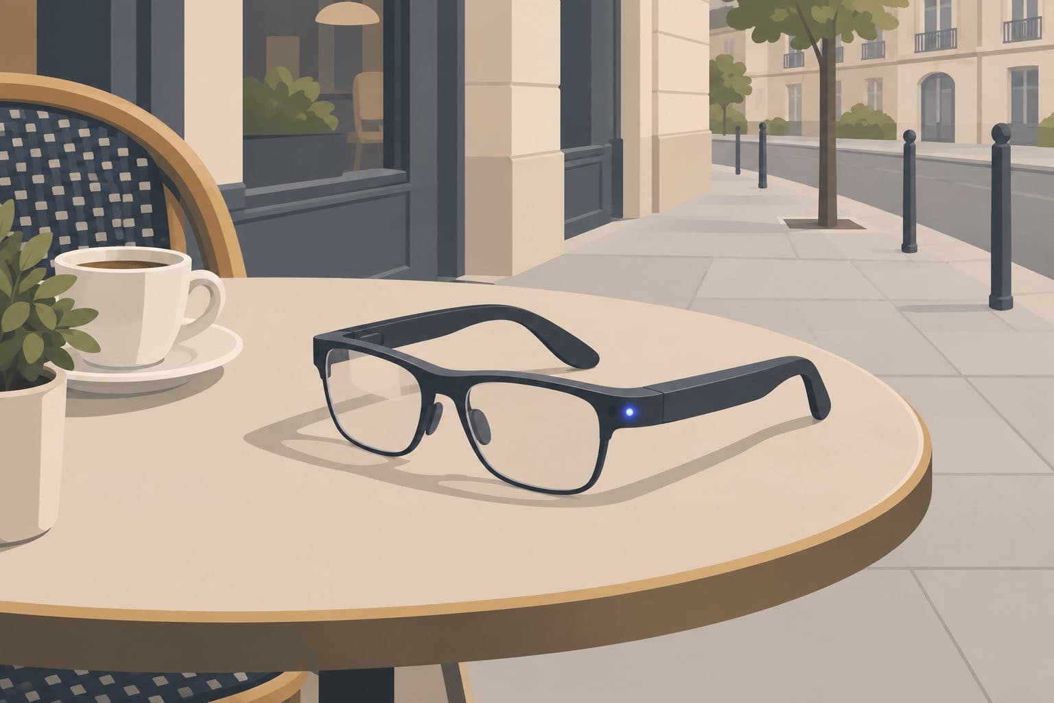 Lunettes connectées posées sur une table de café, diode allumée sur la monture.