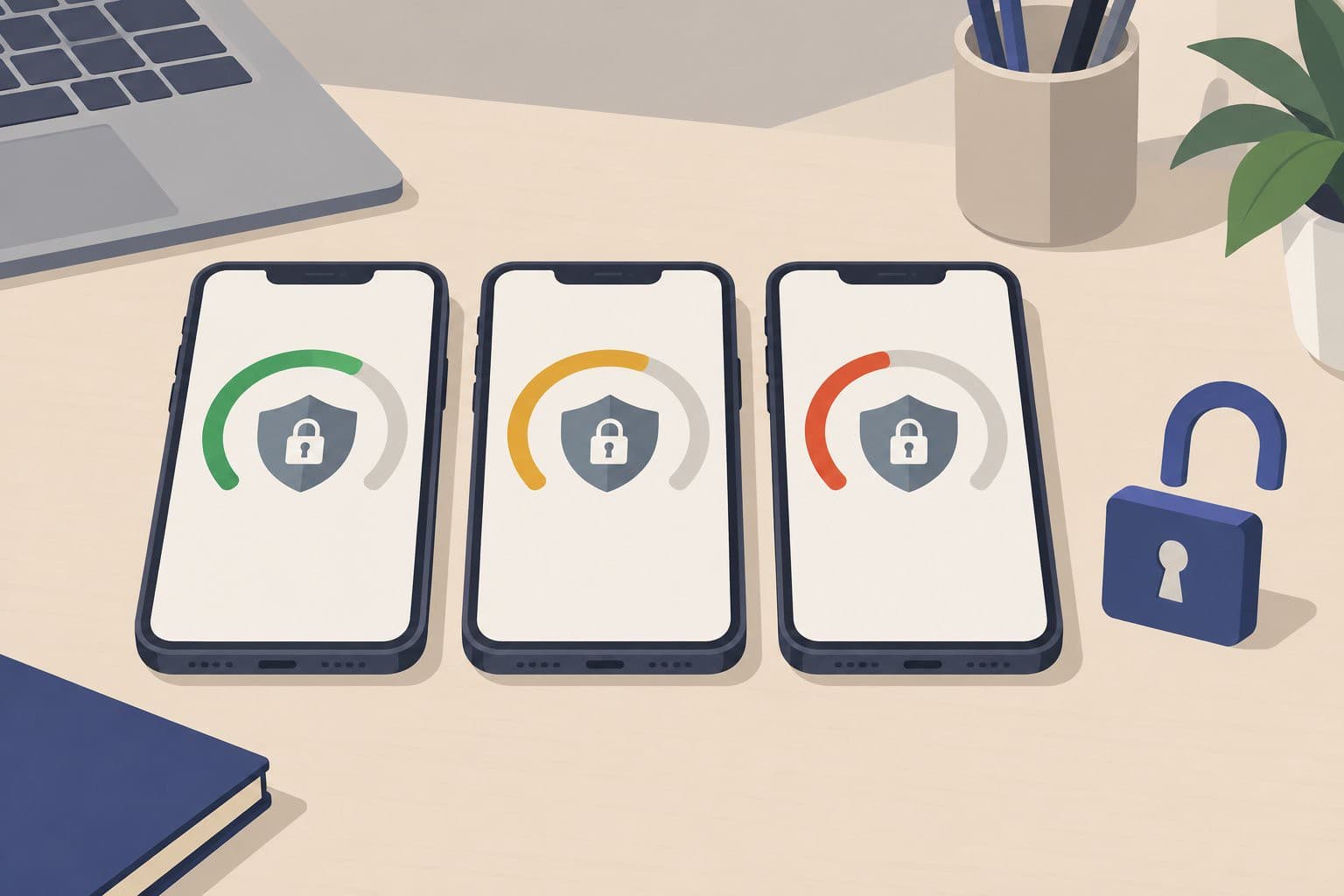 Trois smartphones alignés montrant des jauges de confidentialité différentes, près d'un cadenas ouvert.