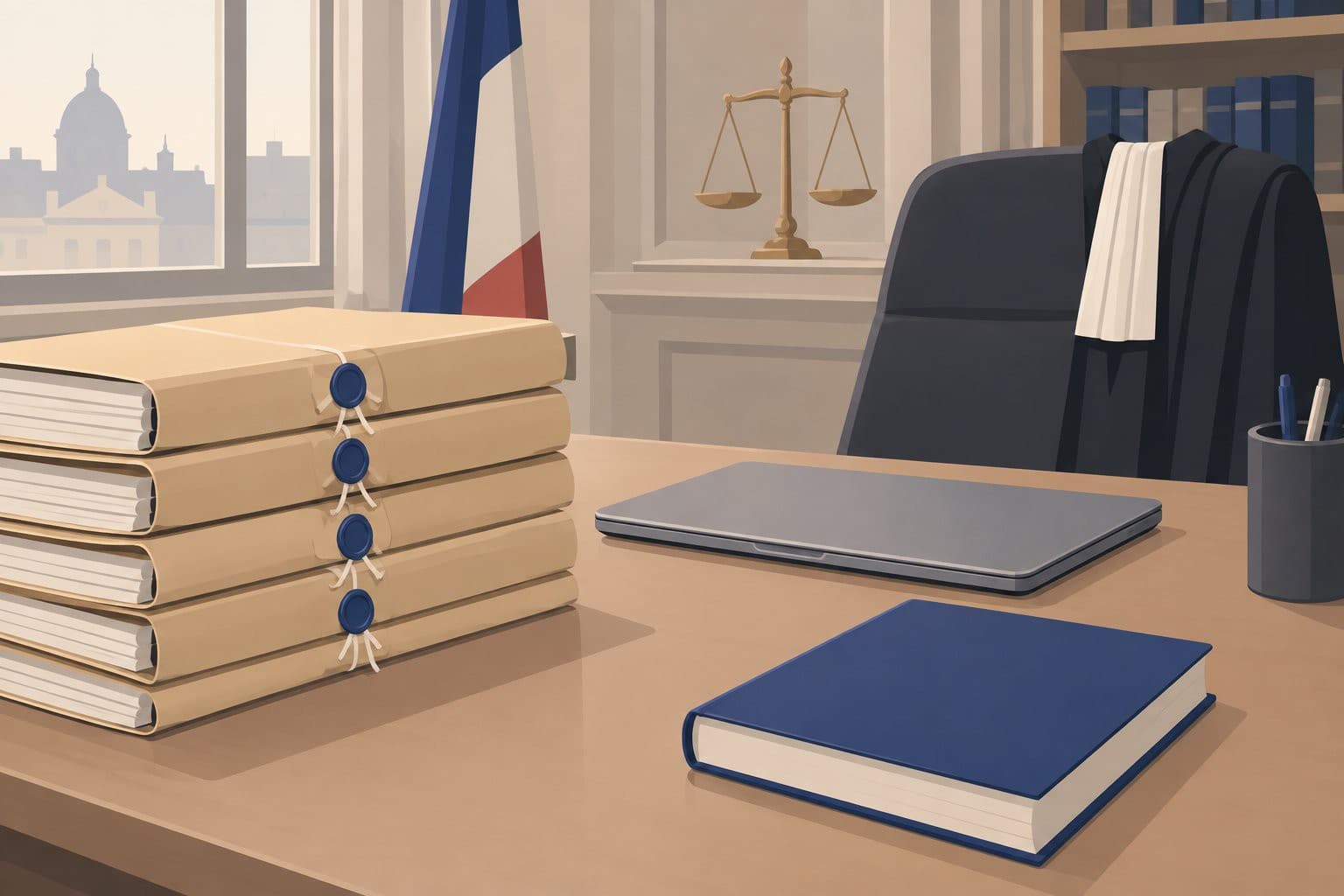 Bureau de magistrat, dossiers scellés, ordinateur fermé, couverture de livre vierge.