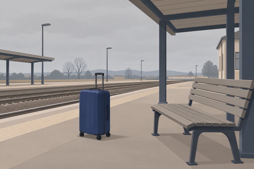 Valise abandonnée sur un quai de gare vide, ciel gris.