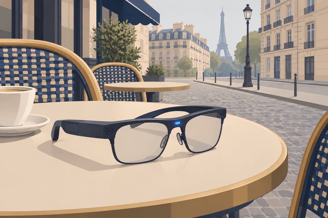 Lunettes connectées avec diode allumée, posées sur une table de café.