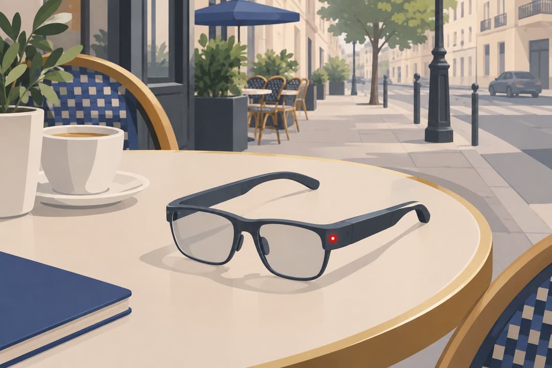 Lunettes connectées avec diode rouge allumée, posées sur une table de café.