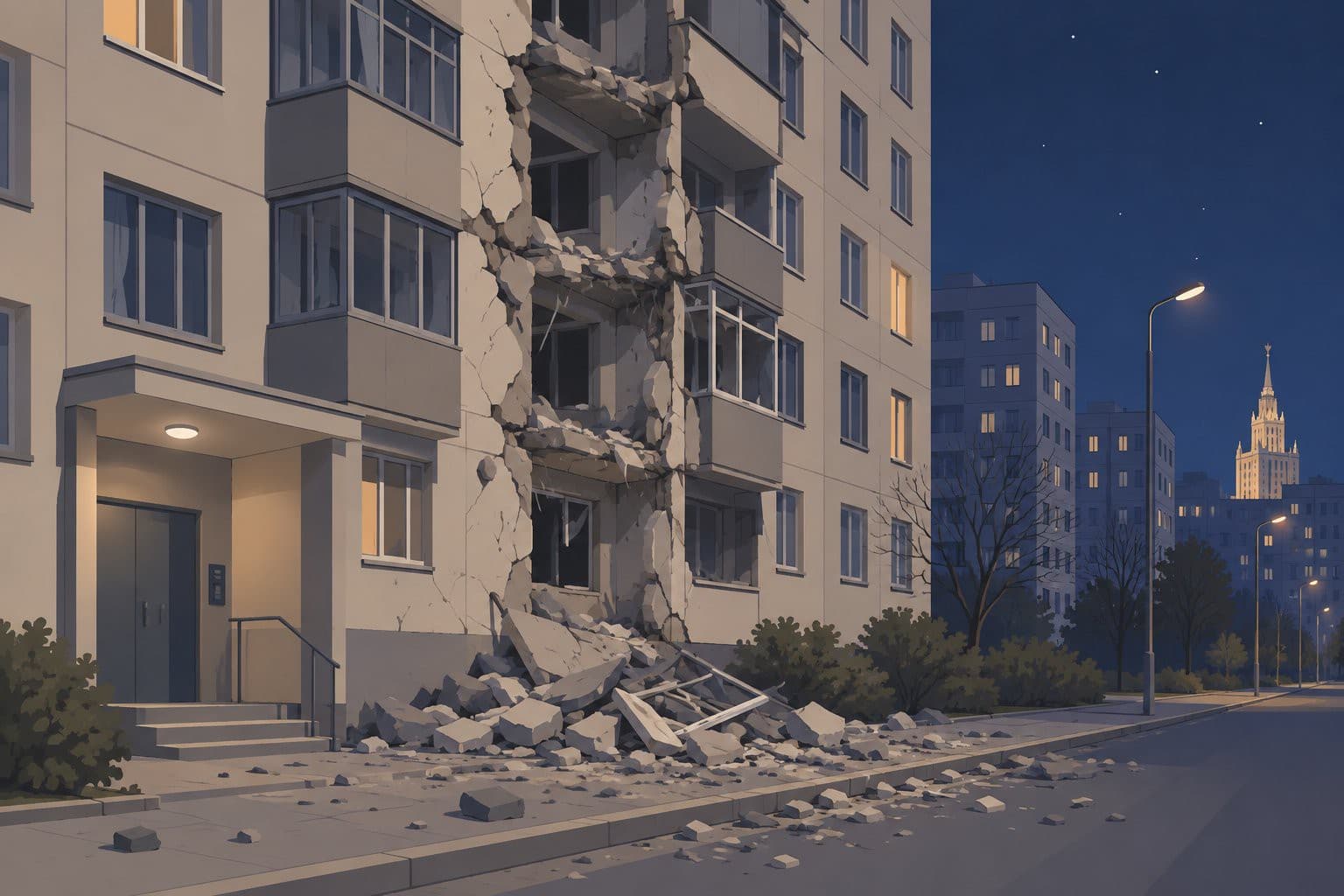 Immeuble d'habitation aux fenêtres brisées, débris au sol, nuit à Moscou.