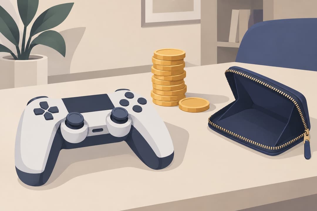 Manette de jeu, jetons dorés empilés et porte-monnaie vide sur une table.