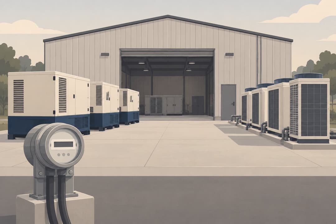 Hangar technique avec groupes électrogènes, climatiseurs extérieurs et un compteur de puissance.