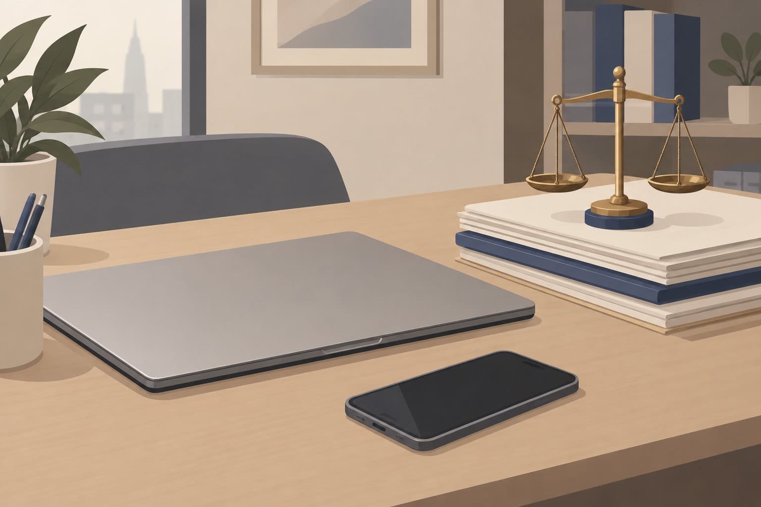 Ordinateur portable fermé près d'une balance de justice sur des documents.