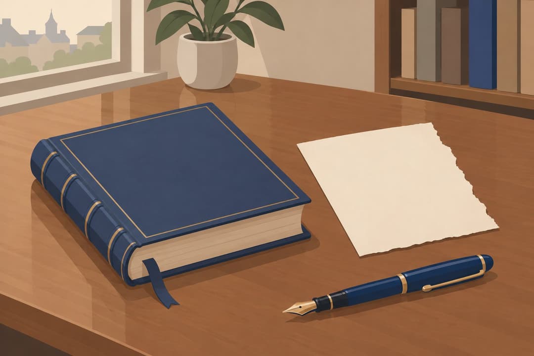Manuscrit relié sur une table, une page arrachée posée à côté.