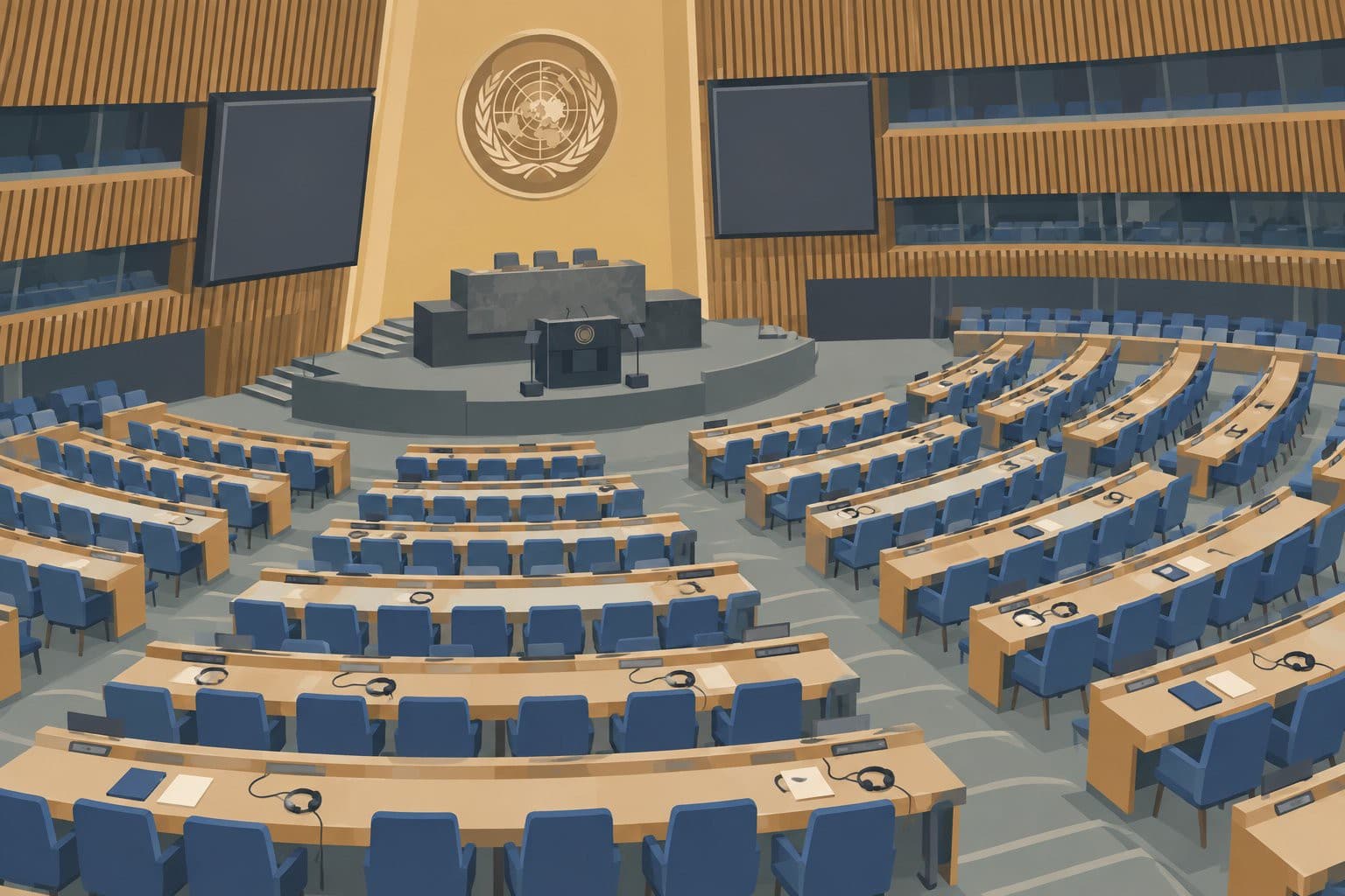 Hémicycle des Nations unies presque vide, sièges bleus inoccupés, quelques dossiers abandonnés.