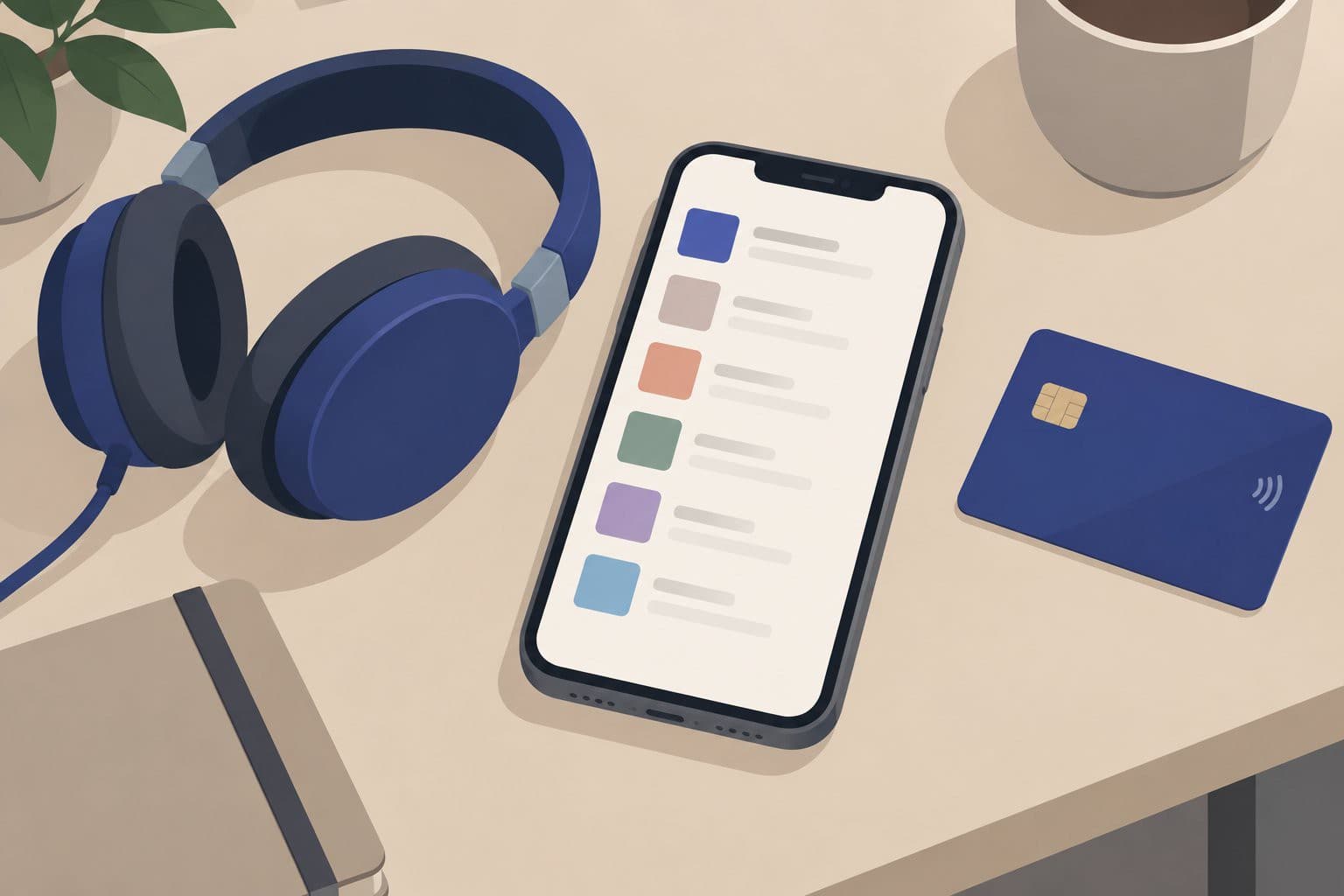 Smartphone à écran d'icônes vierges, casque audio et carte bancaire posés à côté.