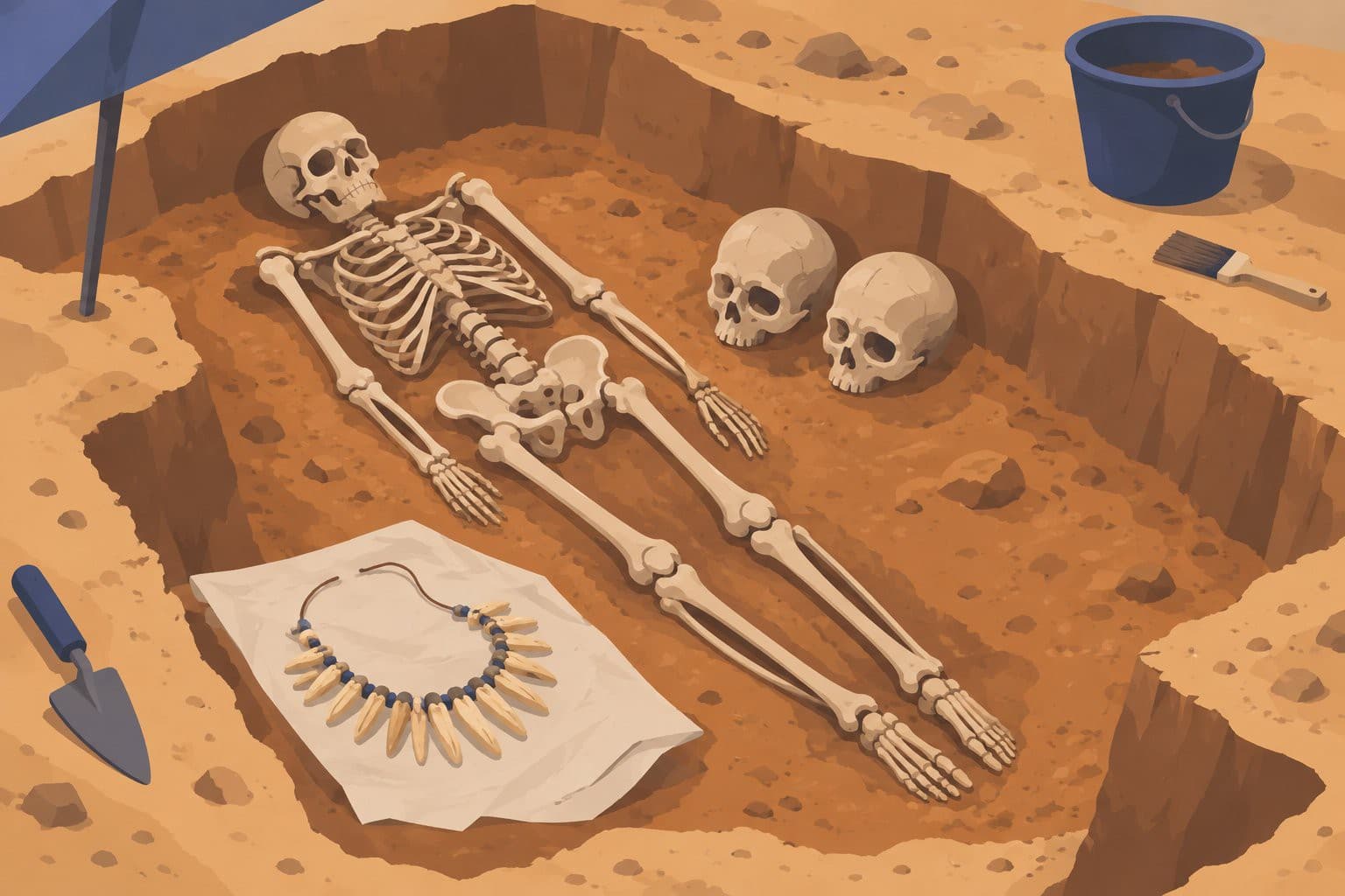 Fosse de fouille avec squelette, deux crânes et un collier de dents anciennes.