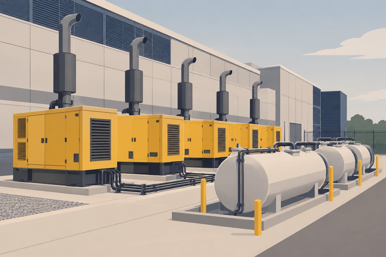 Rangée de groupes électrogènes diesel jaunes derrière un datacenter industriel.