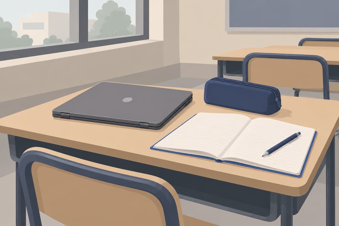 Un Chromebook fermé sur un pupitre scolaire, cahier et trousse à côté.