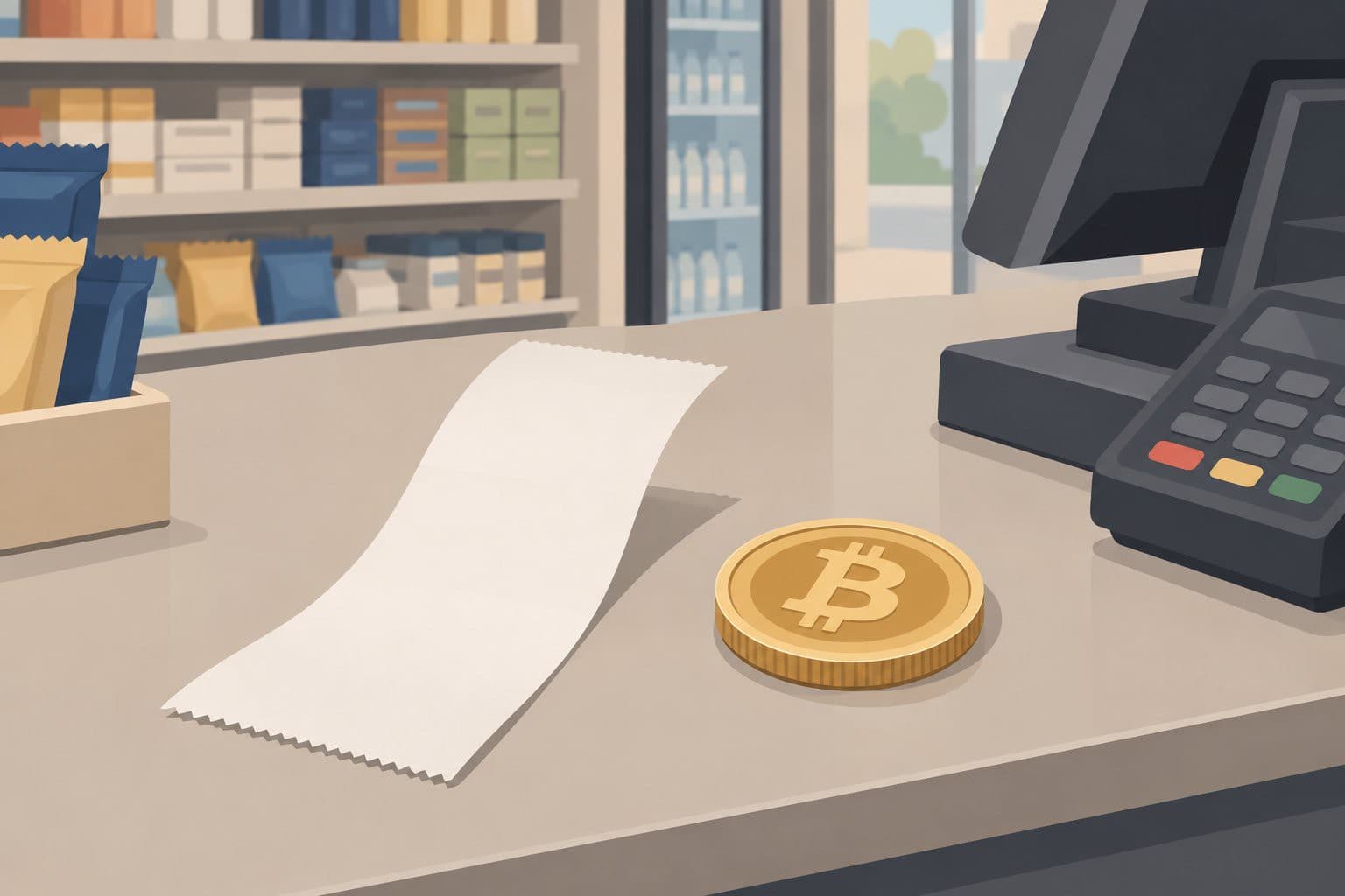 Ticket de caisse vierge et pièce de bitcoin sur un comptoir de magasin.