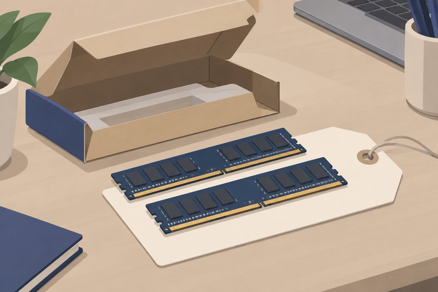 Deux barrettes de mémoire vive devant un carton d'emballage entrouvert.