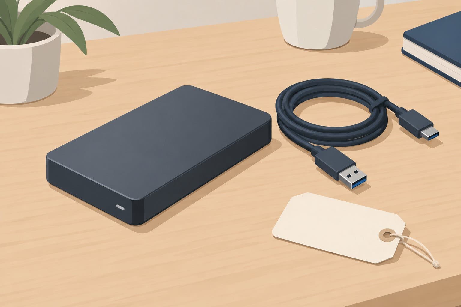 Disque dur externe et câble USB enroulé sur un bureau en bois.