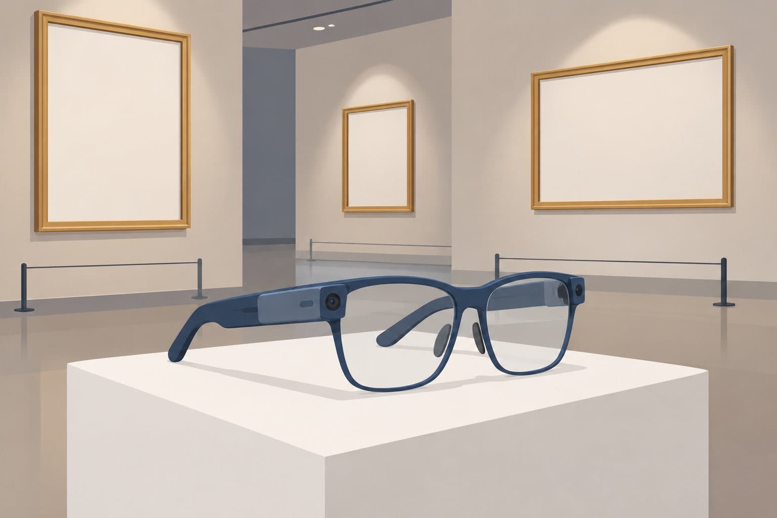 Lunettes connectées sur socle, devant des cadres de tableaux vides dans un musée.