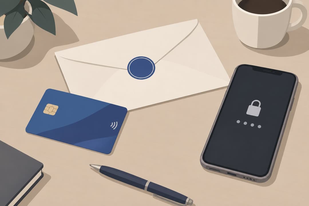 Carte bancaire, enveloppe à cachet vierge et smartphone verrouillé sur un bureau.