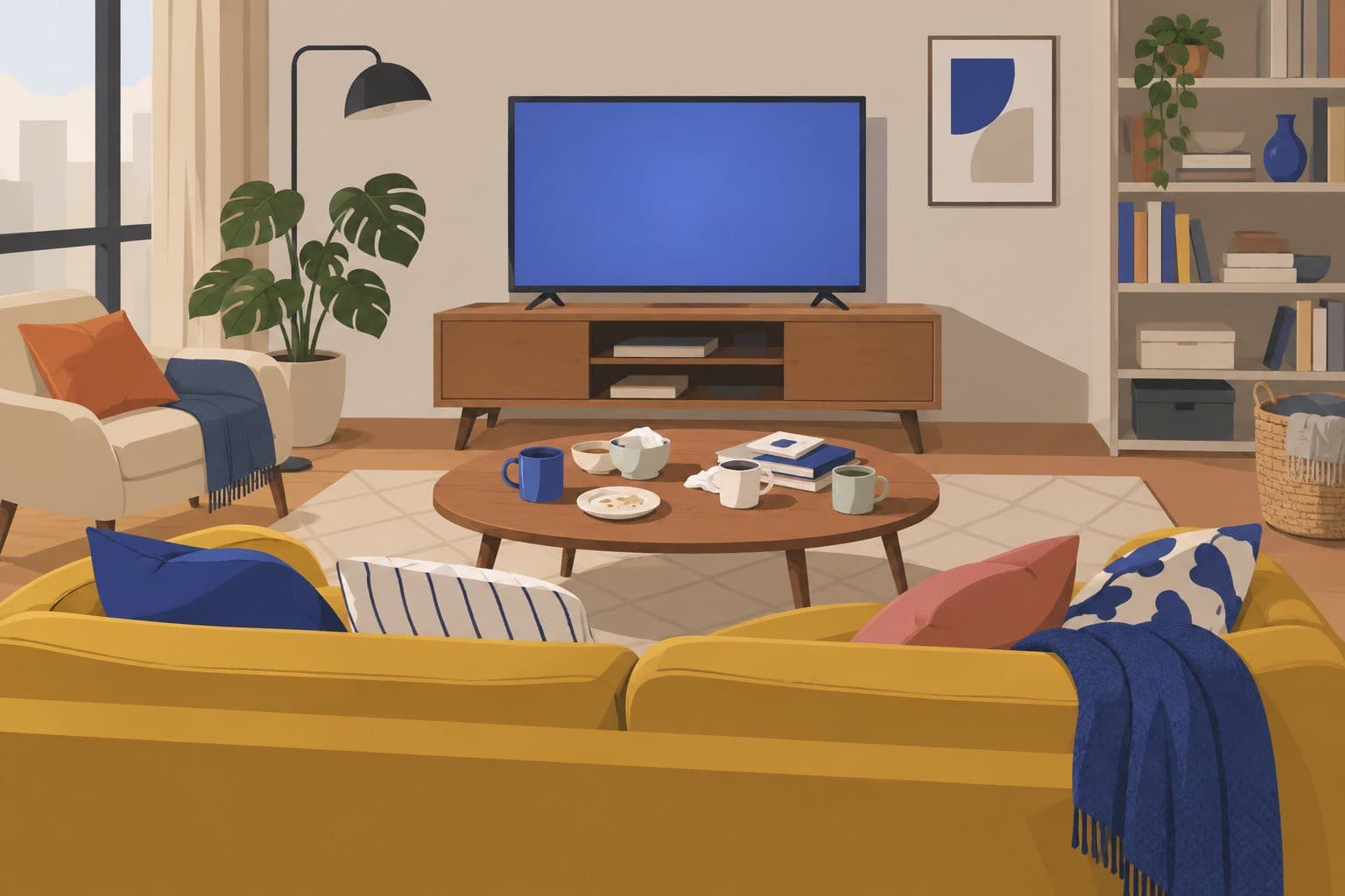 Canapé jaune face à une télévision allumée, salon coloré aux coussins dépareillés.