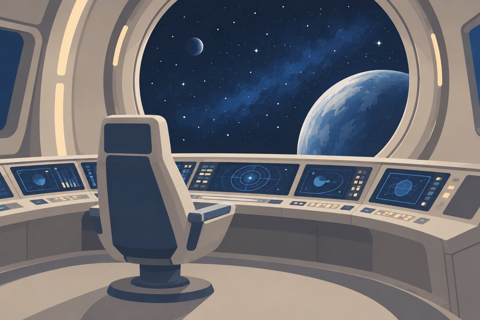 Poste de pilotage spatial vide, hublot rond, étoiles, tableau de bord lumineux.